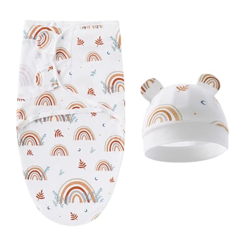 Mecmbj Pucksack, pucktuch Baby 0-3 Monate, Weiche schlafende babyschlafsack Neugeborene, niedlicher Cartoon Pucksack Baby mit Mützen-Set, Baumwoll Swaddle Blanket für Neugeborene, Unisex (weiß) von Mecmbj