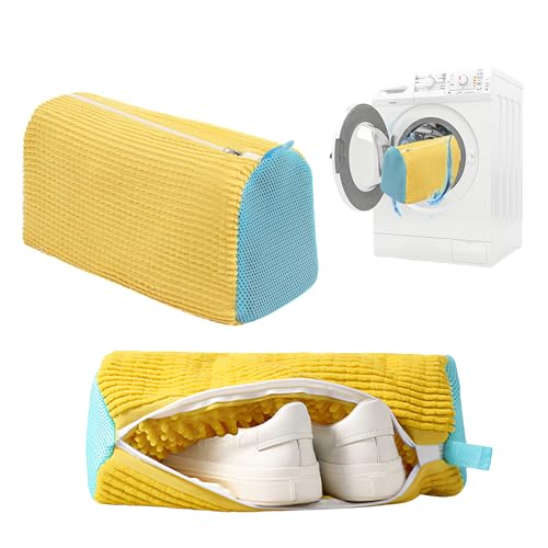 Mecmbj Schuhwaschbeutel Waschmaschine, 2 Stück Waschbeutel Schuhe Mit Reißverschluss, Wiederverwendbarer, 360° Reinigungsflusen, Shoe Washing Bag für Waschmaschine und Trockner(Gelb,37x18x21cm) von Mecmbj