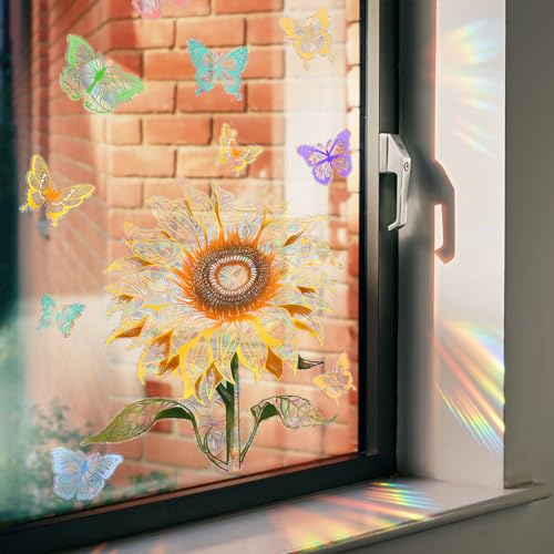 Mecmbj fensterbilder frühling, prisma fensteraufkleber, Sonnenblumen Fensteraufkleber, Anti-Vogel Prisma Fensteraufkleber, Glas dekorative fenstersticker für Wohnzimmer und Kinderzimmer (Bunt A) von Mecmbj