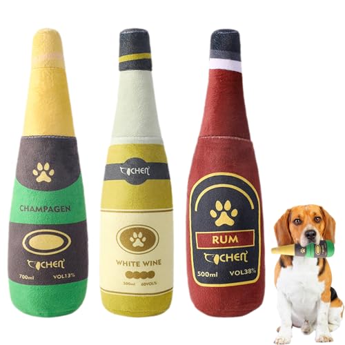 Mecmbj hundespielzeug quietschend, hundespielzeug unzerstörbar, 3 Stück weicher Bierflasche Hunde spielsachen, Niedlich Plüsch Kauspielzeug für kleine und mittelgroße Hunde (grün, gelb, Burgunderrot) von Mecmbj