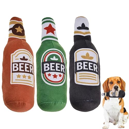 Mecmbj hundespielzeug quietschend, hundespielzeug unzerstörbar, 3 Stück weicher Bierflasche Hunde spielsachen, Plüsch-Kauspielzeug Hundespielzeug für kleine und mittelgroße Hunde (Braun, Grün, Grau) von Mecmbj