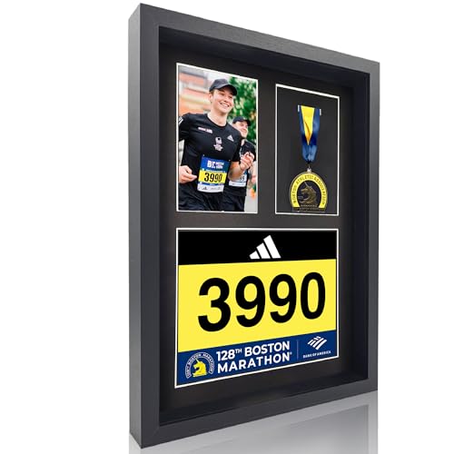 MedalAwardsRack 3-in-1-Schattenbox-Schaukasten, Medaille, Renn-Startnummer und Fotokasten, Halterung und Rahmen für Marathon-/Triathlon-/Lauf-Startnummern, Wandmontage, gehärtetes Glas, schwarz von MedalAwardsRack