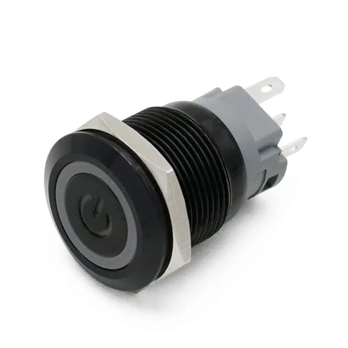 19mm Neue wasserdichte Metall Druckschalter LED Licht Eloxiert Schwarz Momentary Rast Auto Motor PC Power Schalter 3-380V(New 19mm Black Power,Green LED_Latching_220V) von MedgAs