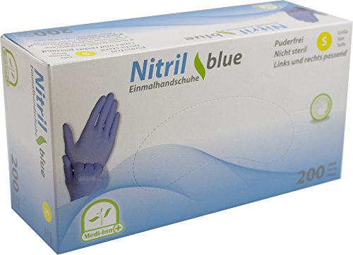 Medi-Inn Nitrilhandschuhe 200 Stück blau, Einweghandschuhe, Einmalhandschuhe, Untersuchungshandschuhe, Nitril Handschuhe, puderfrei, latexfrei (1 Box S, blau) von Medi-Inn+