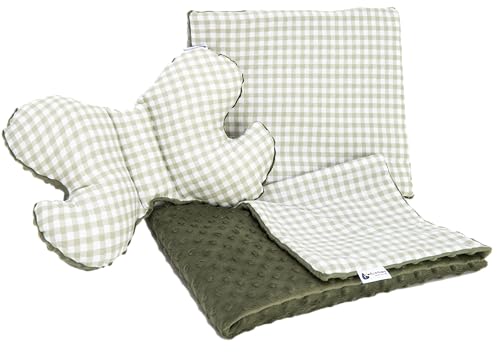 Medi Partners Babydecke Krabbeldecke Set 3in1 100% Baumwolle Minky Kinderdecke 55x75 + 35x30cm flaches Kissen und Anti-Schock-Kissen Schmetterling (Kariert mit olivfarbenem Minky) von Medi Partners