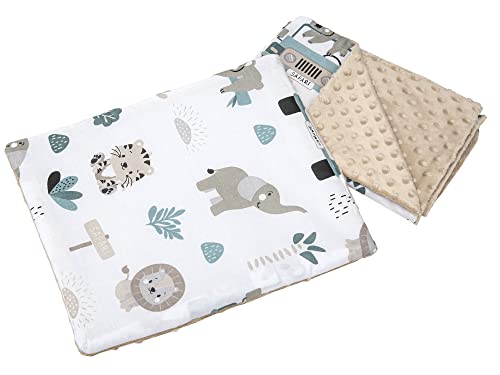 Medi Partners Babydecke Krabbeldecke mit Kissen 100% Baumwolle Minky Kinderdecke 55x75 + 35x30cm multifunktional für Kinderwagen Babyschale Wiege (Zoo mit grauem Minky) von Medi Partners