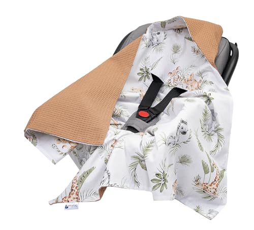 Medi Partners Einschlagdecke Baby Babyschale 100% Baumwolle für Sommer 85x85cm Kinderwagen Kuscheldecke universal Baby Decke Einschlagdecken Babydecke Buggy Autositz (‎Safari mit Grauer Waffel) von Medi Partners