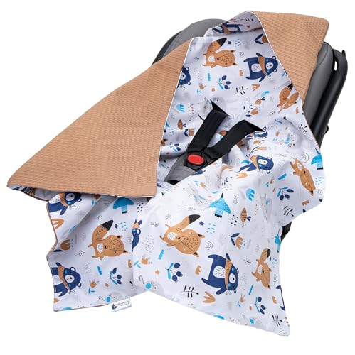Medi Partners Einschlagdecke Baby Babyschale 100% Baumwolle für Sommer 85x85cm Kinderwagen Kuscheldecke universal Baby Decke Einschlagdecken Babydecke Buggy Autositz (Boho Animals mit Beige Waffel) von Medi Partners
