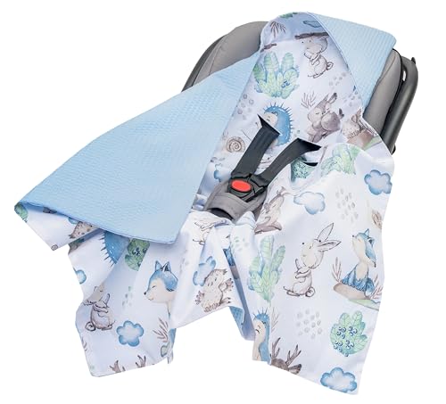 Medi Partners Einschlagdecke Baby Babyschale 100% Baumwolle für Sommer 85x85cm Kinderwagen Kuscheldecke universal Baby Decke Einschlagdecken Babydecke Buggy Autositz (REH und Igel mit blau Waffel) von Medi Partners