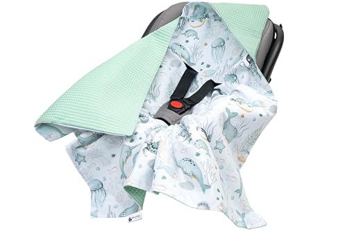 Medi Partners Einschlagdecke Baby Babyschale 100% Baumwolle für Sommer 85x85cm Kinderwagen Kuscheldecke universal Baby Decke Einschlagdecken Babydecke Buggy Autositz (‎Ozean mit Minzer Waffel) von Medi Partners