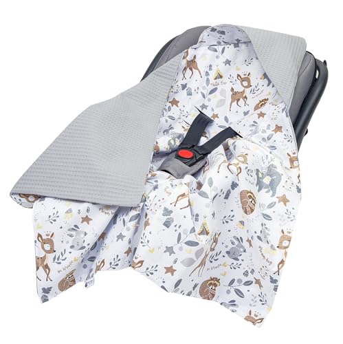Medi Partners Einschlagdecke Baby Babyschale 100% Baumwolle für Sommer 85x85cm Kinderwagen Kuscheldecke universal Baby Decke Einschlagdecken Babydecke Buggy Autositz (REH mit Grauer Waffel) von Medi Partners
