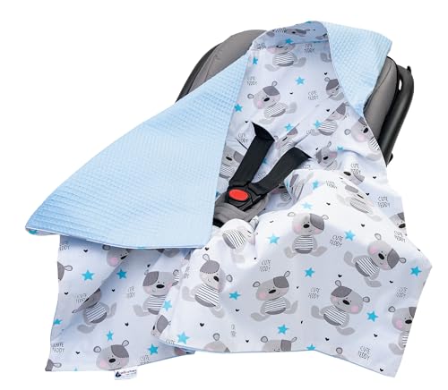 Medi Partners Einschlagdecke Baby Babyschale 100% Baumwolle für Sommer 85x85cm Kinderwagen Kuscheldecke universal Baby Decke Einschlagdecken Babydecke Buggy Autositz (Teddybär mit hellblauen Waffel) von Medi Partners