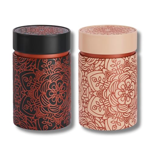 Dose Mandala 150g - 2er Set - mit warmtönigen Motiven aufwendig lackiert, Innendeckel und Stülpdeckel - Kaffee- Teedose Ø 7,5cm Höhe 11,7cm Vol. ca.520ml von MediMuc