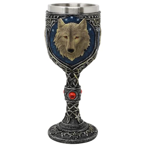 Kelch Wolf - detailliert verarbeiteter, dekorativer, handbemalter, mittelalterlicher Kelch mit weissem Wolfskopf - Material: Polyresin von MediMuc