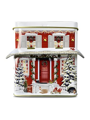MediMuc Kleines Haus mit Vordach Winter - Keksdose, Blechdose - lebensmittelecht - Vol. 1,0l - Maße: (Länge x Breite x Höhe): 12,0 x 7,5 x 15,0cm von MediMuc