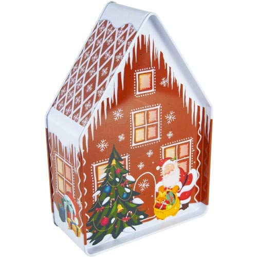 MediMuc Lebkuchenhaus Santa Claus - weihnachtlich bedruckte Dose mit Spitzdach und Tannenbaum - lebensmittelecht - Aufbewahrungsdose, Keksdose, Blechdose - Maße: (L x Bx H): 18,0 x 12,0 x 5,8cm von MediMuc