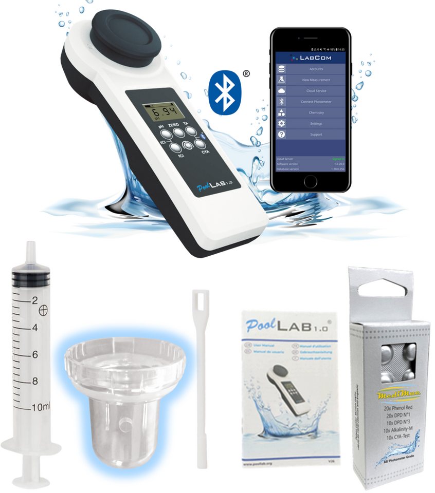 MediMuc Pool-Wassertest PoolLab 1.0 Photometer - neue Version - mit 70 Testtabletten, 15 Messparameter, 1-tlg. von MediMuc