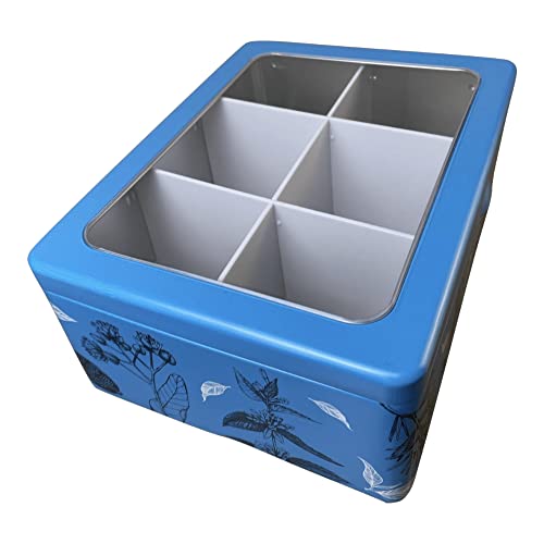 Teebeutelbox blau - rechteckige Teebeuteldose mit Scharnierdeckel und Sichtfenster - matt mit partiellem glänzenden Lack auf den Teekräutermotiven - Teebox, Teedose, Teebeuteldose von MediMuc