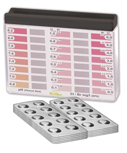 Wassertester Premium Rapid Methode Chlor pH, mit 100 Testtabletten, 50 x Phenol Red und 50 x DPD1, Anzeige von 16 verschieden Messwerten von MediMuc