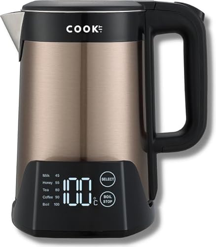 COOK-IT Luxury Wasserkocher – 1,5 L RVS, 5 Temperaturstufen von 45 °C bis 100 °C, Warmhaltefunktion, Doppelwandig, Trockenlaufschutz, Digitales Display von Media Evolution