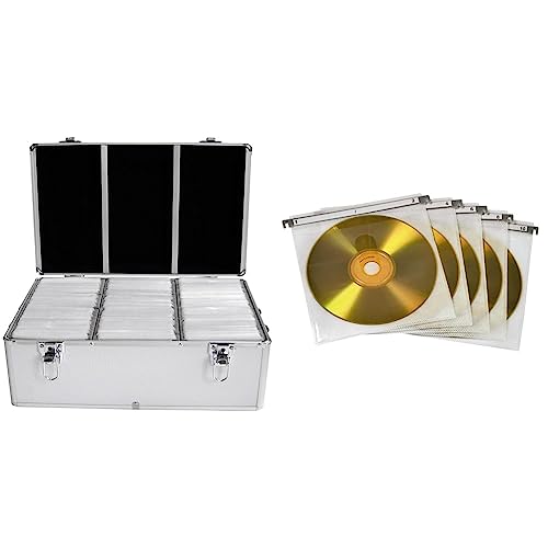 MediaRange Archivierungskoffer für 500 Discs, Aluminium-Optik, mit Einhängetaschen, Silber & Hama CD Doppel-Schutzhüllen (für 100 CDs/DVDs/Blu-Rays, zur Befestigung in Hängeregistern) 50er-Pack, weiß von MediaRange