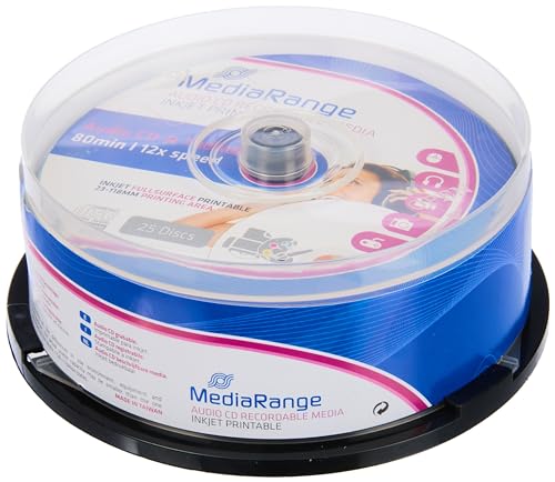 MediaRange Audio CD-R 700MB|80min 12-fache Schreibgeschwindigkeit, vollflächig bedruckbar (Tintenstrahldrucker), 25er Cakebox von MediaRange