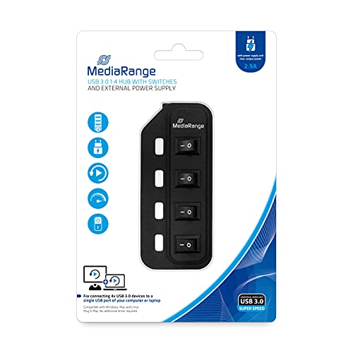MediaRange USB 3.0 Verteiler 1:4 mit separaten Schaltern und Netzteil, schwarz von MediaRange