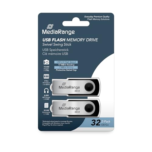 MediaRange USB 2.0 Speicherstick 32GB - 2er Pack - Mini USB Flash-Laufwerk mit sicherem Drehkappengehäuse, externe Speichererweiterung mit Lesegeschwindigkeit von bis zu 17 MB/s, Farbe Schwarz von MediaRange