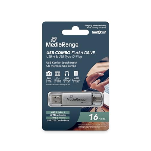 MediaRange USB 3.1 und TypeC Speicherstick 16GB - Combo Flash-Laufwerk mit Schutzkappen, externe Speichererweiterung mit Lesegeschwindigkeit von bis zu 60 MB/s, Farbe Silber von MediaRange