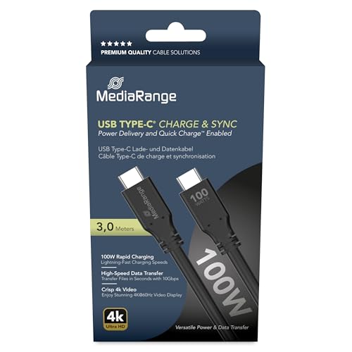 MediaRange USB Type-C® Lade- und Datenkabel mit E-Mark-Chip, USB 3.2 Gen 1x2, 10Gbit/s, unterstützt USB-C Power Delivery 3.0, Quick Charge 3.0 und PPS, 100W max., 3.0m, Schwarz von MediaRange