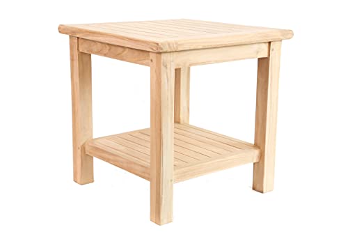 Mediablue Beistelltisch Blumen Hocker Teak Holz Balkontisch Tisch für Bad Terrasse Balkon Garten wetterfest stabil unbehandelt 50 x 50 cm Natur von Mediablue