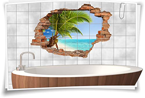 3D Fliesen-Bild Fliesen-Aufkleber Bad Palmen Strand Sand Meer Insel Urlaub Deko, 90x60cm, 15x15cm (BxH) von Medianlux