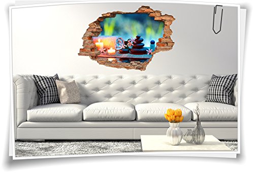 3D Wanddurchbruch Wandbild Wandtattoo Aufkleber Sticker Wellness Entspannung Relax Zen Steine Kerzen, 90x60cm von Medianlux