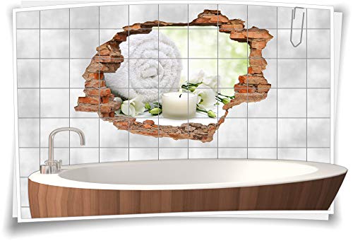 Badezimmer Wellness Fliesen-Bild-er Bad weiß-grün Fliesen-Aufkleber-3D Fliesen-Tattoo Wand-Durchbruch Balance Meditation Entspannung, 90x60cm, 20x25cm (BxH) von Medianlux