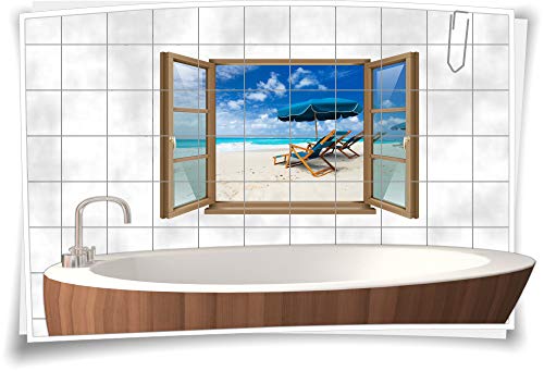 Fliesen-Aufkleber Fliesen-Bild Fenster Strand-Stühle Sand Meer Ozean Schirm Urlaub Bad WC Aufkleber Folie Deko Digitaldruck, 120x78cm, 20x25cm (BxH) wb22fb600-118713 von Medianlux