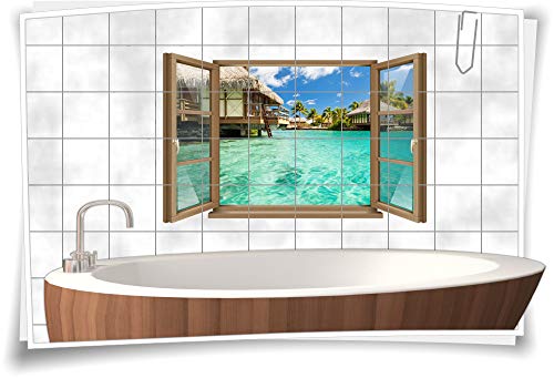 Fliesen-Aufkleber Fliesen-Bild Fenster Tahiti Meer Malediven Bungalows Urlaub Bad WC Aufkleber Folie Deko Digitaldruck, 90x58cm, 15x20cm (BxH) wb22fb682-119853 von Medianlux