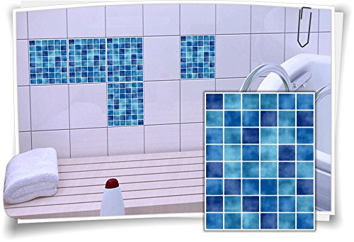 Fliesen-Aufkleber Fliesen-Bild Fliesen-Imitat Mosaik Blau Bad WC Deko Dekor Badezimmer Kachel Folie Digitaldruck, 12 Stück, 15x20cm von Medianlux