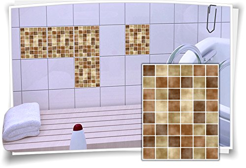 Fliesen-Aufkleber Fliesen-Bild Fliesen-Imitat Mosaik Braun Bad WC Deko Dekor Badezimmer Kachel Folie Digitaldruck, 12 Stück, 20x25cm von Medianlux