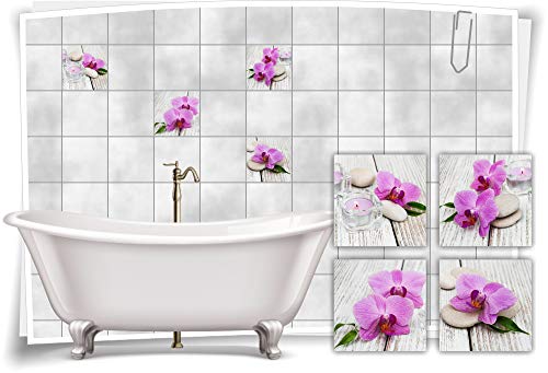 Fliesen-Aufkleber SPA Wellness Orchidee Kerze Stein Holz Lila Grau Bad WC Deko, 10x10cm fp5p643q-140219 von Medianlux
