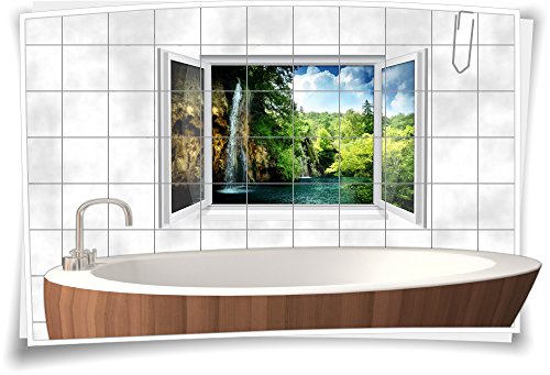 Fliesenaufkleber Fliesenbild Fliesen Aufkleber Sticker Natur Wald Wasser Wasserfall See Bad WC Deko, 90x60cm, 15x20cm (BxH) von Medianlux