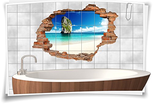 Fliesenaufkleber Fliesenbild Fliesenaufkleber Wanddurchbruch Strand Meer Bad, 90x60cm, 20x25cm (BxH) von Medianlux