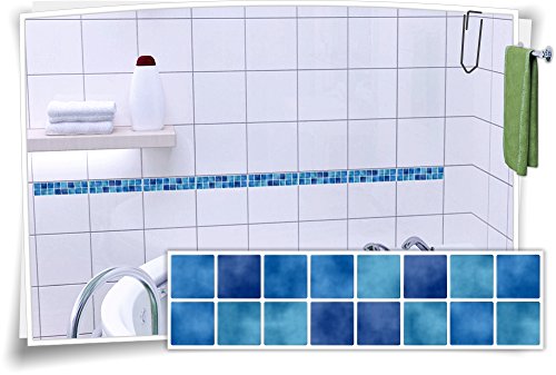 Fliesenaufkleber Fliesenbordüre Bordüre Mosaik Blau Kachel Aufkleber FB1, 4 Stück, 30x7,8cm (BxH) von Medianlux