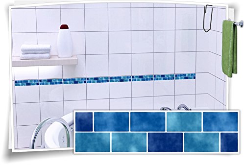 Fliesenaufkleber Fliesenbordüre Bordüre Mosaik Blau Kachel Aufkleber FB2, 12 Stück, 30x7,8cm (BxH) von Medianlux