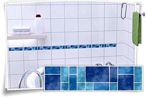 Fliesenaufkleber Fliesenbordüre Bordüre Mosaik Blau Kachel Aufkleber FB5, 12 Stück, 25x6,5cm (BxH) von Medianlux