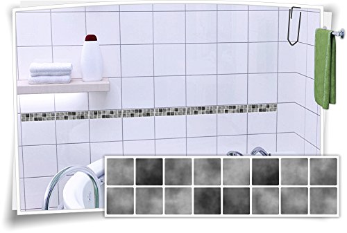 Fliesenaufkleber Fliesenbordüre Bordüre Mosaik Grau Kachel Aufkleber FB1, 12 Stück, 25x6,5cm (BxH) von Medianlux