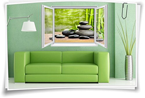 Medianlux 3D Fenster Wandbild Wandtattoo Aufkleber Sticker Zen Wellness SPA Bambus Steine Wohnzimmer Deko, 90x60cm von Medianlux