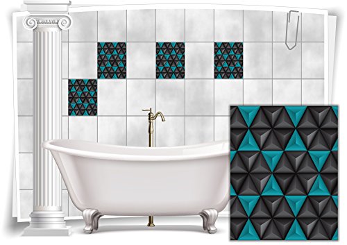 Medianlux Fliesen-Aufkleber Bild Mosaik Kachel Türkis Schwarz Retro Dreiecke Bad WC Deko Folie Badezimmer, 4 Stück, 15x20cm von Medianlux