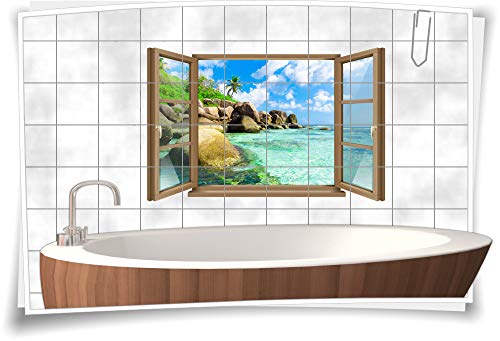 Medianlux Fliesen-Aufkleber Fliesen-Bild Fenster Felsen Ufer Wasser Palme Wolken Bad WC Aufkleber Folie Deko Digitaldruck, 90x58cm, 20x25cm (BxH) wb22fb383-115501 von Medianlux
