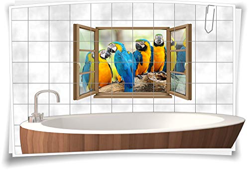 Medianlux Fliesen-Aufkleber Fliesen-Bild Fenster Papagei Vögel Bunt AST Vogel Gelb Bad WC Aufkleber Folie Deko Digitaldruck Sticker, 90x58cm, 15x15cm (BxH) wb22fb962-131695 von Medianlux