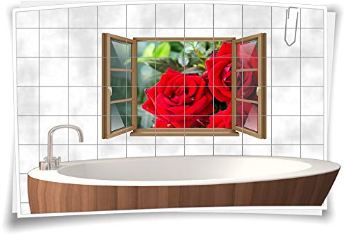 Medianlux Fliesen-Aufkleber Fliesen-Bild Fenster Rosen Rose Rot Blumen Liebe Geschenk Bad WC Aufkleber Folie Aufkleber Deko Digitaldruck, 90x58cm, 15x15cm (BxH) wb22fb159-111447 von Medianlux